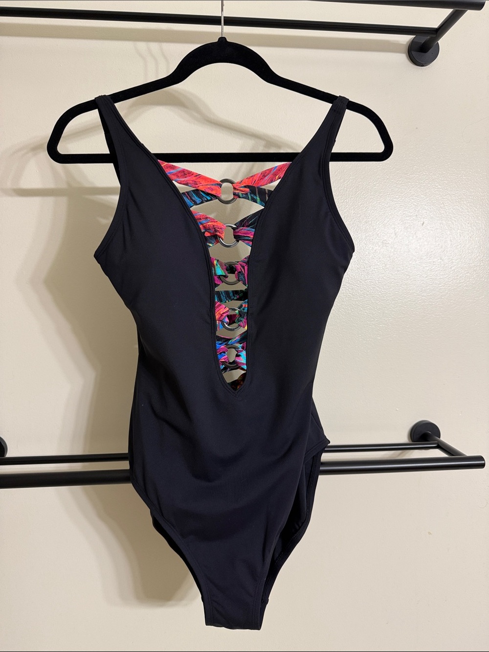 Bleu Rod Beattie Black One-Piece with Multicolor Strappy Back